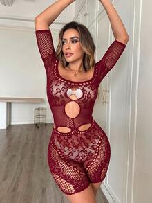 ChaseTheNight Women's Black Mesh Leopard Print Off-Shoulder Short Bodysuit, Party & Nightclub Outfit - Burgundy - View 5