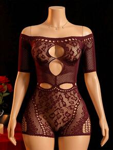ChaseTheNight Women's Black Mesh Leopard Print Off-Shoulder Short Bodysuit, Party & Nightclub Outfit - Burgundy - View 8