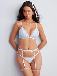 Elorette Lingerie Set (Wireless Bra + Thong + Garter Belt With Leg Straps, 3 Pieces Set) - Baby Blue - View 3