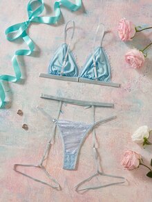 Elorette Lingerie Set (Wireless Bra + Thong + Garter Belt With Leg Straps, 3 Pieces Set) - Baby Blue - View 9