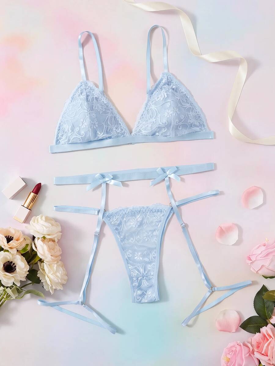 Elorette Lingerie Set (Wireless Bra + Thong + Garter Belt With Leg Straps, 3 Pieces Set) - Baby Blue - View 1