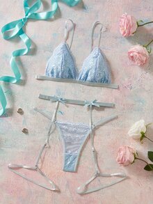 Elorette Lingerie Set (Wireless Bra + Thong + Garter Belt With Leg Straps, 3 Pieces Set) - Baby Blue - View 13