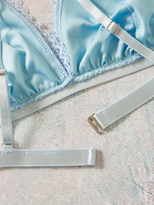 Elorette Lingerie Set (Wireless Bra + Thong + Garter Belt With Leg Straps, 3 Pieces Set) - Baby Blue - View 10