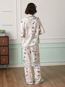 Chillnights Women's Starry Print Lapel Long Sleeve Long Pants Pajama Set - White - View 2