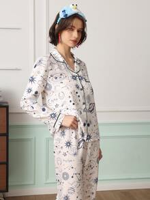 Chillnights Women's Starry Print Lapel Long Sleeve Long Pants Pajama Set - White - View 4