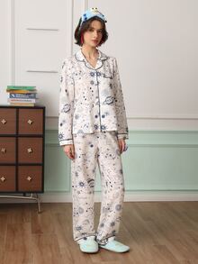 Chillnights Women's Starry Print Lapel Long Sleeve Long Pants Pajama Set - White - View 3