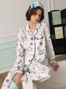 Chillnights Women's Starry Print Lapel Long Sleeve Long Pants Pajama Set - White - View 5