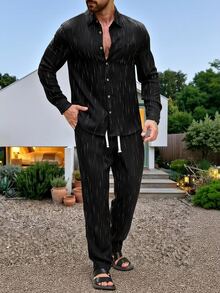 VENTUSAIL 2026 Spring Summer Men Textured Stripe Linen Matching Set, Black Long Sleeve Pocket Shirt & Elastic - Black - View 5