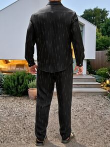 VENTUSAIL 2026 Spring Summer Men Textured Stripe Linen Matching Set, Black Long Sleeve Pocket Shirt & Elastic - Black - View 2