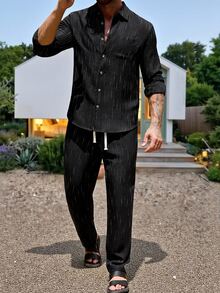 VENTUSAIL 2026 Spring Summer Men Textured Stripe Linen Matching Set, Black Long Sleeve Pocket Shirt & Elastic - Black - View 4