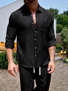 VENTUSAIL 2026 Spring Summer Men Textured Stripe Linen Matching Set, Black Long Sleeve Pocket Shirt & Elastic - Black - View 7