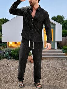 VENTUSAIL 2026 Spring Summer Men Textured Stripe Linen Matching Set, Black Long Sleeve Pocket Shirt & Elastic - Black - View 6