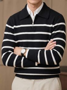 Manfinity Homme Old Money Autumn/Winter New Style Reverse Collar Half-Zip Pullover Long Sleeve Black And White Striped Contrast Fashion Casual Plus Size Men's Sweater - Black and White - View 4