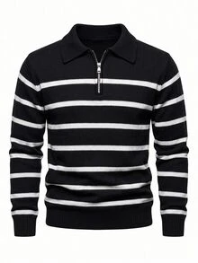 Manfinity Homme Old Money Autumn/Winter New Style Reverse Collar Half-Zip Pullover Long Sleeve Black And White Striped Contrast Fashion Casual Plus Size Men's Sweater - Black and White - View 2