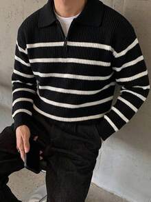 Manfinity Homme Old Money Autumn/Winter New Style Reverse Collar Half-Zip Pullover Long Sleeve Black And White Striped Contrast Fashion Casual Plus Size Men's Sweater - Black and White - View 1