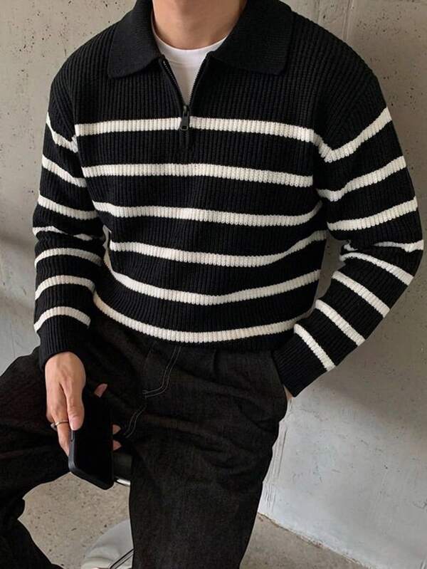 Manfinity Homme Pulover bărbătesc casual la modă, mărimi mari, stil nou Toamnă/Iarnă, cu guler inversat, jumătate fermoar, mânecă lungă, contrast negru și alb