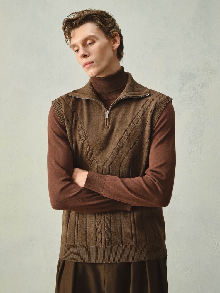 RONVEXI Old Money Men's Spring/Summer/Autumn Cable Lightweight Half-Zip Knit Sweater Vest Holiday Office Work Brown Casual - Chocolate Brown - View 4