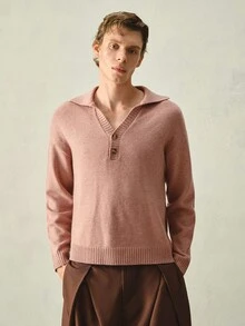RONVEXI Men's Solid Color Drop Shoulder Long Sleeve Button Design Casual Sweater Formal Old Money - Khaki - View 5