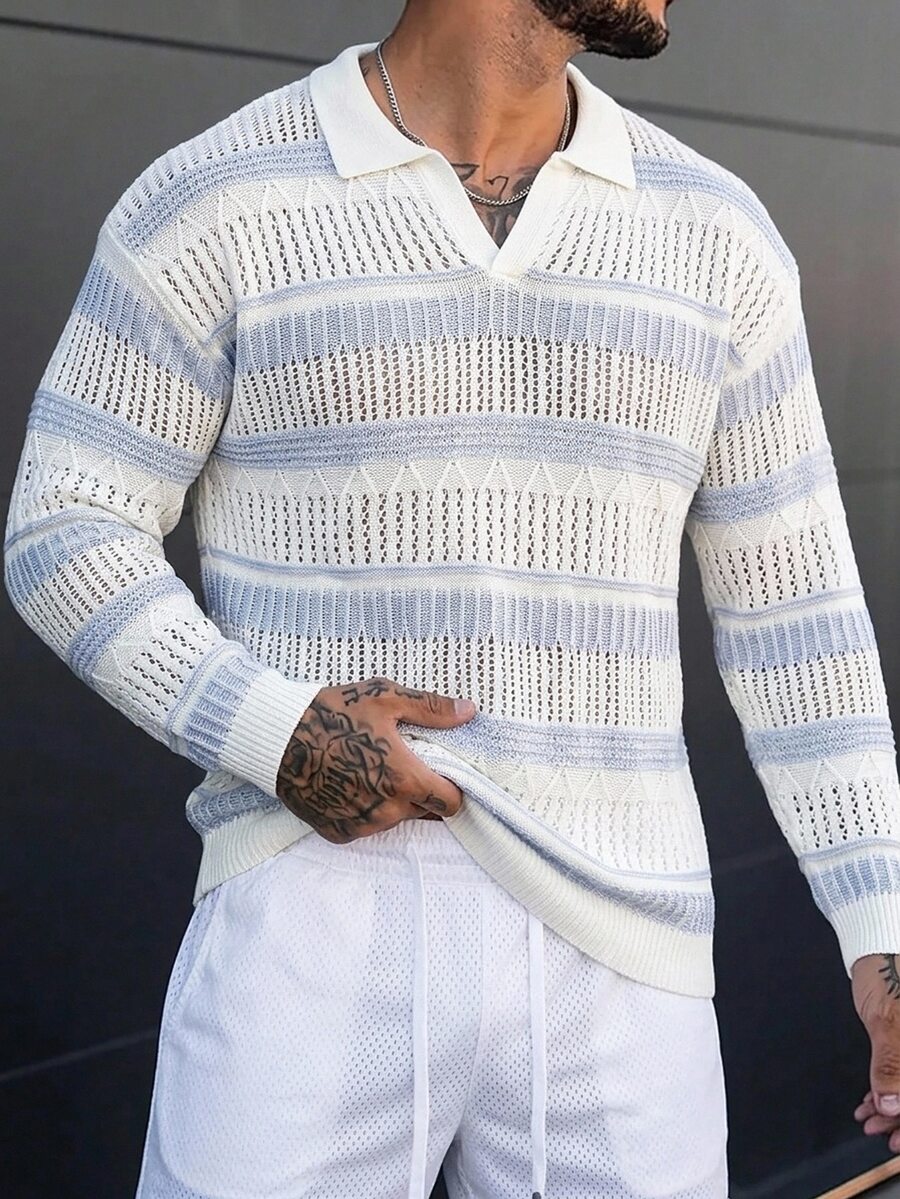 Manfinity Homme Men's Autumn Casual Streetwear Blue And White Stripe Hollow Knit Sweater Golf Vacation Summer For Husband Boyfriend Gifts Fall Winter Long Sleeve Top - Blue and White - View 1