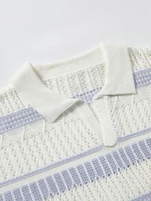 Manfinity Homme Men's Autumn Casual Streetwear Blue And White Stripe Hollow Knit Sweater Golf Vacation Summer For Husband Boyfriend Gifts Fall Winter Long Sleeve Top - Blue and White - View 6