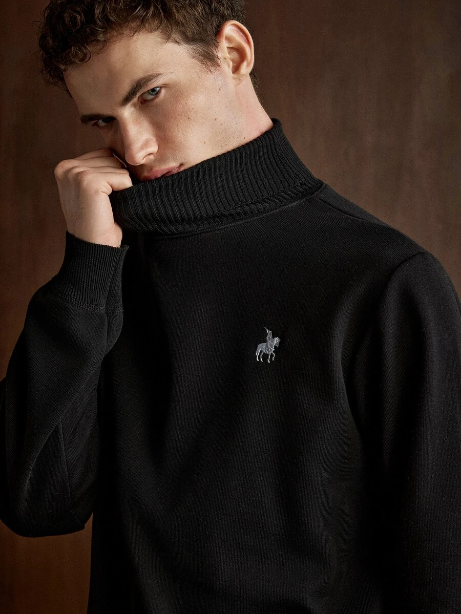 Manfinity CasualKnits 男士抓絨內裡高領毛衣 純色騎士刺繡保暖長袖針織套頭衫 秋季辦公商務全黑休閒款 - 黑色 - 查看 1