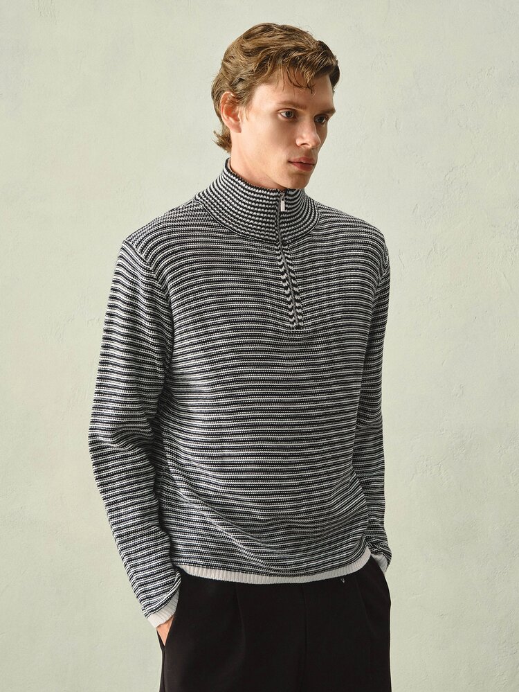 Manfinity Homme Men's Simple Stylish Casual Zip-Up Knit Sweater, Suitable For Autumn/Winter, Black And White Striped, Quarter Zip Work Beach Vacation - Multicolor - View 4