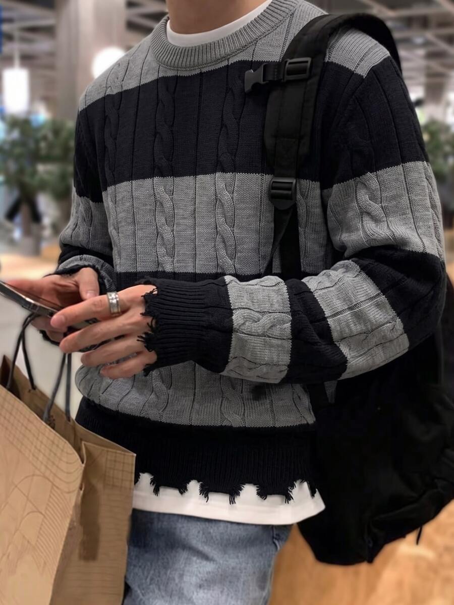 Claim Dot 男士圓領復古長袖套頭毛衣,麻花編織春秋冬季上衣,灰黑拼色寬鬆版型,休閒日常穿著美式風格破舊下擺流蘇下擺百搭拼色麻花編織上衣 - 彩色 - 查看 1