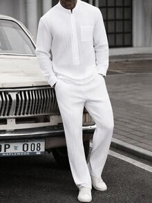 Manfinity CasualCool 男士純色單排扣長袖襯衫與長褲休閒日常穿搭套裝 - 白色 - 查看 1