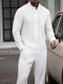 Manfinity CasualCool 男士純色單排扣長袖襯衫與長褲休閒日常穿搭套裝 - 白色 - 查看 4
