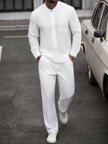 Manfinity CasualCool 男士純色單排扣長袖襯衫與長褲休閒日常穿搭套裝 - 白色 - 查看 3