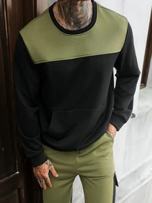 Manfinity Homme Men's Colorblock Classic Casual Crew Neck, Army Green Elastic Waist Daily Casual Sports Sweatshirt Set - Multicolor - View 3