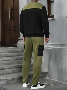 Manfinity Homme Men's Colorblock Classic Casual Crew Neck, Army Green Elastic Waist Daily Casual Sports Sweatshirt Set - Multicolor - View 2