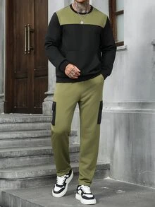 Manfinity Homme Men's Colorblock Classic Casual Crew Neck, Army Green Elastic Waist Daily Casual Sports Sweatshirt Set - Multicolor - View 5