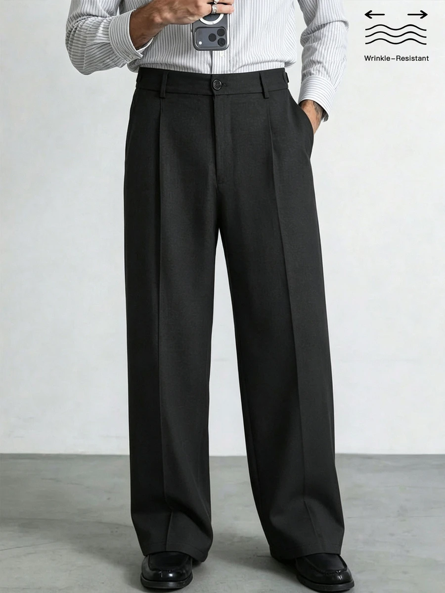 HUEFORM Men's Long Pants With Double Pleat Design, INS Style Classic Versatile Fashion High-End, Draped Loose Casual Home Business Commute Trousers - Black - View 1