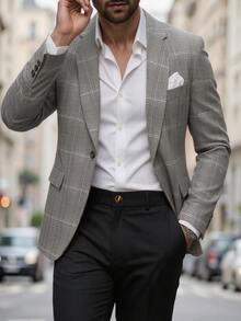 Manfinity Mode Blazer Pria Khaki Kotak-kotak Kerah Syal Gaya Klasik Modern, Nyaman untuk di Rumah, Modis untuk Beraktivitas di Luar Rumah, Jaket Jas Harian Klasik Serbaguna untuk Semua Musim - Khaki - View 5