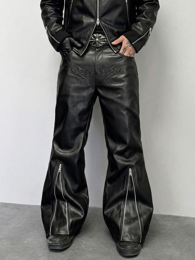 PAVTROS Men's Fashion Embroidered Zipper Flare Pants - Black - View 1