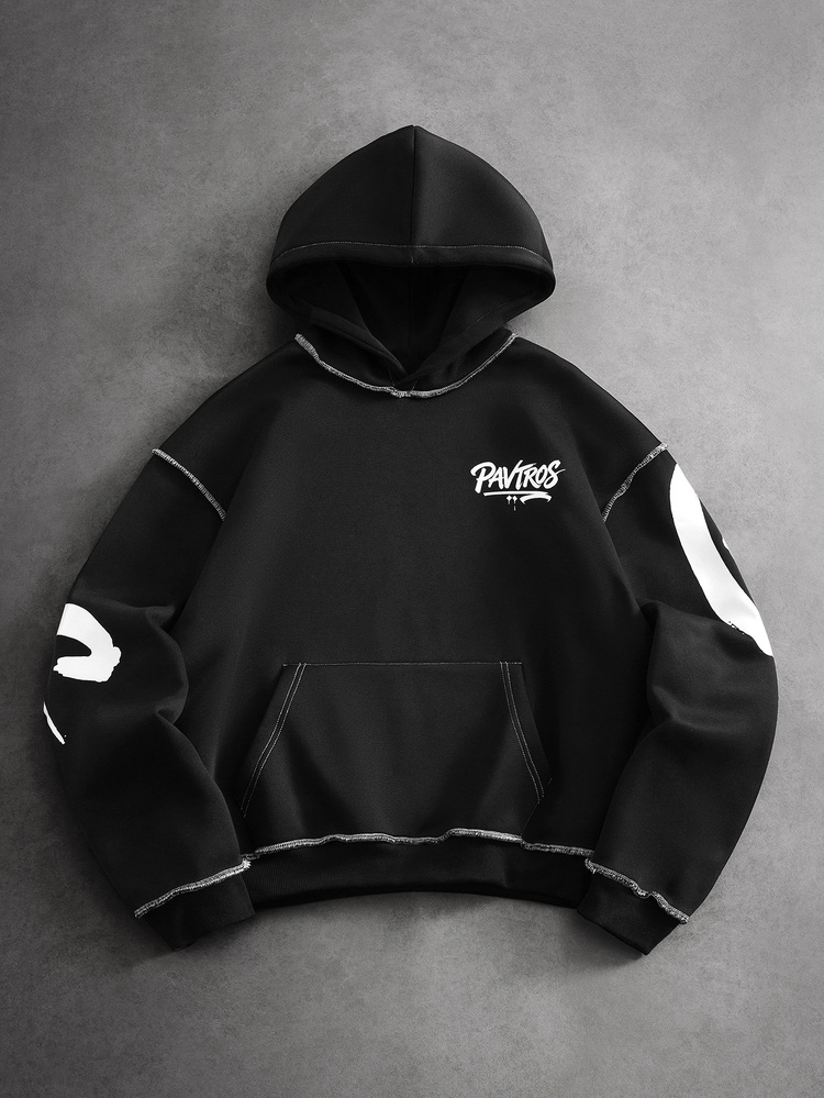 PAVTROS Men's Fashion Street Letter Print Pocket Long Sleeve Hoodie - Black - View 3