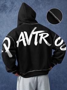 PAVTROS 男士時尚街頭字母印花口袋長袖連帽衫 - 黑色 - 查看 2
