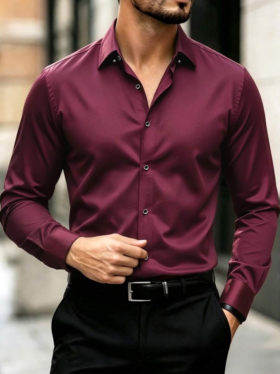 Manfinity Mode Loose Fit Men's White Long Sleeve Shirt - Burgundy - View 1