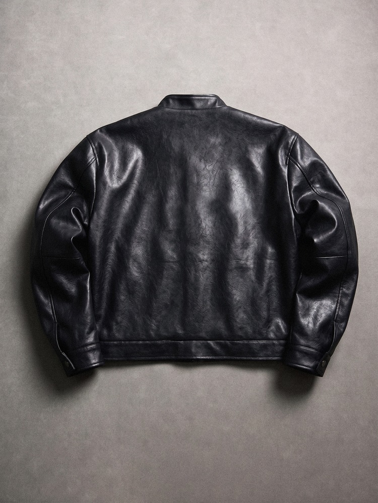 PAVTROS Men's Fashion Striped Colorblock Zipper PU Material Jacket - Black - View 4