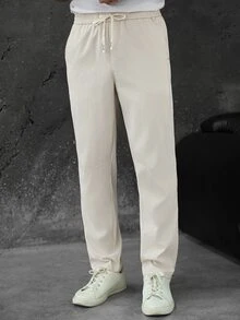 SLATEMANN Men's Drawstring Waist Straight Leg Loose Fit Business Casual Pants - Beige - View 6