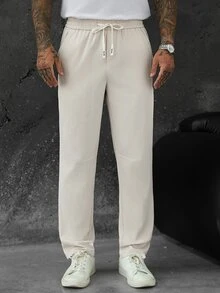 SLATEMANN Men's Drawstring Waist Straight Leg Loose Fit Business Casual Pants - Beige - View 5