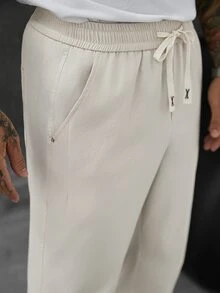 SLATEMANN Men's Drawstring Waist Straight Leg Loose Fit Business Casual Pants - Beige - View 3