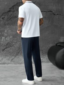 SLATEMANN 男士百搭條紋拼接配色短袖 Polo 衫與抽繩腰口袋長褲套裝 - 白色 - 查看 2