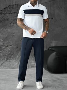 SLATEMANN 男士百搭條紋拼接配色短袖 Polo 衫與抽繩腰口袋長褲套裝 - 白色 - 查看 1