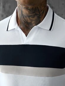 SLATEMANN 男士百搭條紋拼接配色短袖 Polo 衫與抽繩腰口袋長褲套裝 - 白色 - 查看 3