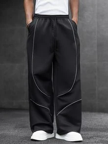 SLATEMANN Men Contrast Piping Drawstring Waist Pants - Black - View 6