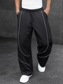 SLATEMANN Men Contrast Piping Drawstring Waist Pants - Black - View 7
