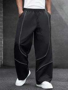 SLATEMANN Men Contrast Piping Drawstring Waist Pants - Black - View 3