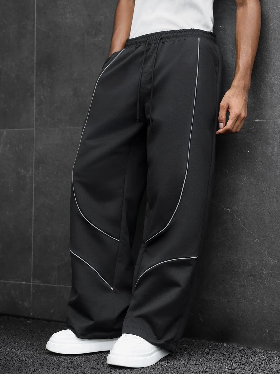 SLATEMANN Men Contrast Piping Drawstring Waist Pants - Black - View 1